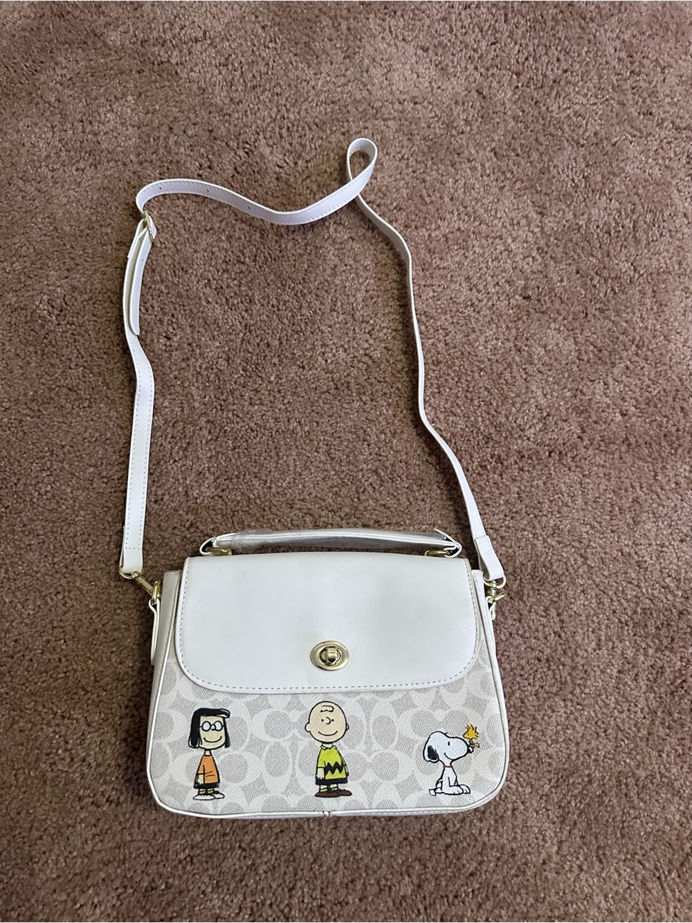 Coach White Signature Peanuts Crossbody Bag with Gold Hardware